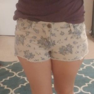 White Denim Floral Print Shorts